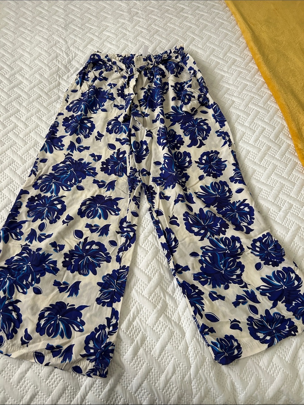 Wide Leg Floral Pants - Blue on Cream